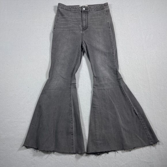 Free People Jeans Women 28 Gray Denim Flare Raw Hem High Waist Wide Bell Bottoms - Picture 1 of 11
